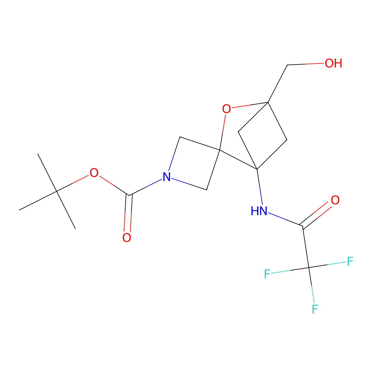 Tert-butyl 4'-(hydroxymethyl)-1'-(2,2,2-trifluoroacetamido)-3'-oxaspiro[azetidine-3,2'-bicyclo[2.1.1]hexane]-1-carboxylate molecular structure, CAS 2680693-71-2