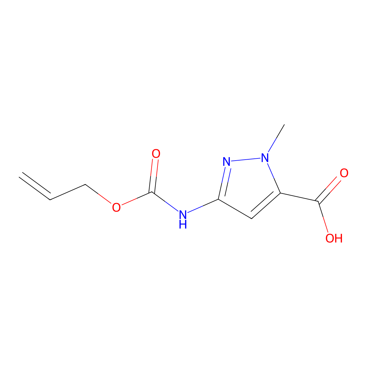 1-methyl-3-{[(prop-2-en-1-yloxy)carbonyl]amino}-1H-pyrazole-5-carboxylic acid molecular structure, CAS 2680694-89-5