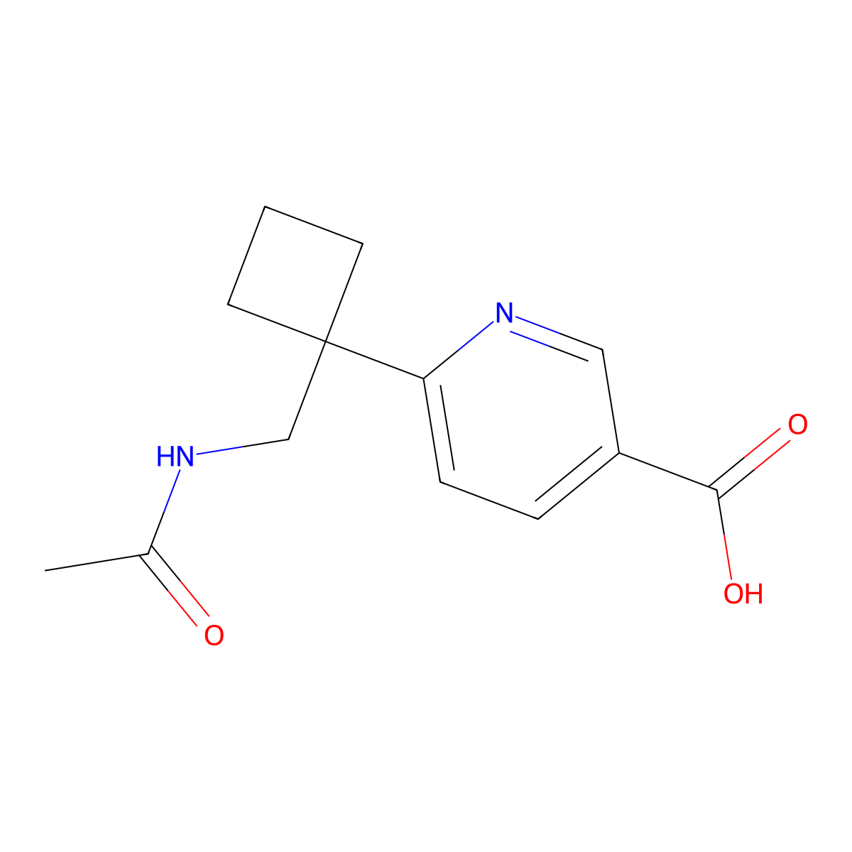 6-[1-(Acetamidomethyl)cyclobutyl]pyridine-3-carboxylic acid molecular structure, CAS 2680695-03-6