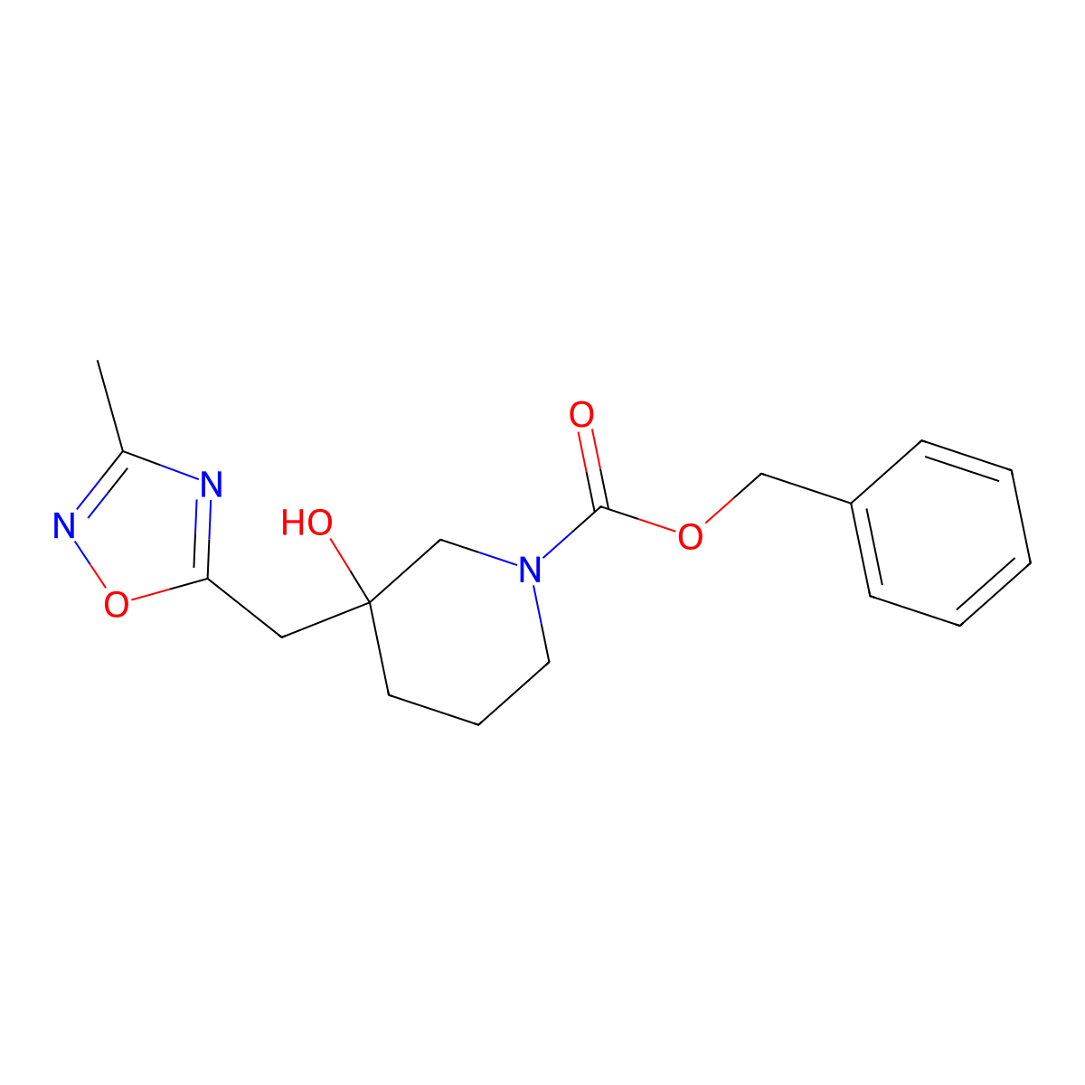 Benzyl 3-hydroxy-3-[(3-methyl-1,2,4-oxadiazol-5-yl)methyl]piperidine-1-carboxylate molecular structure, CAS 2680695-23-0