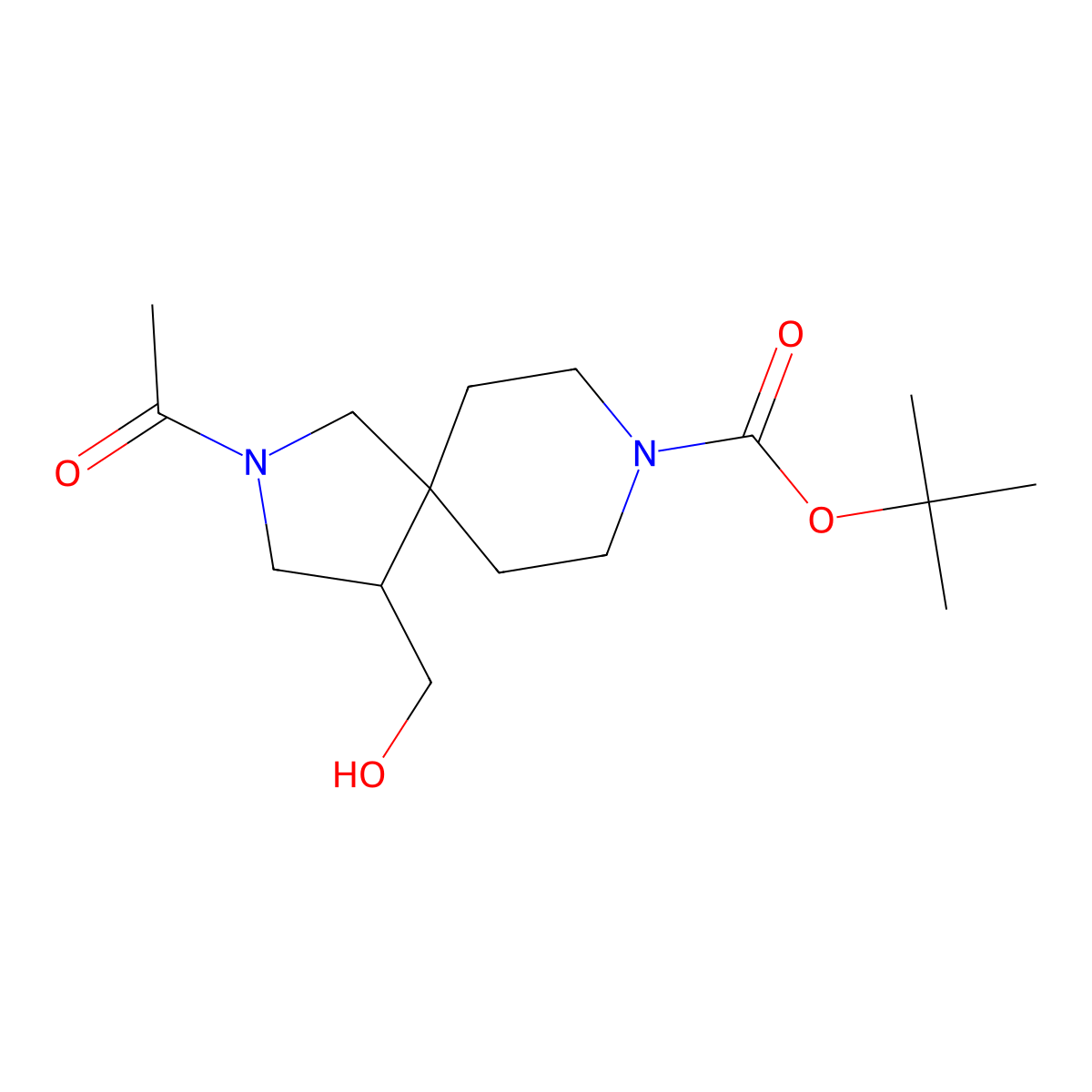 Tert-butyl 2-acetyl-4-(hydroxymethyl)-2,8-diazaspiro[4.5]decane-8-carboxylate molecular structure, CAS 2680695-64-9