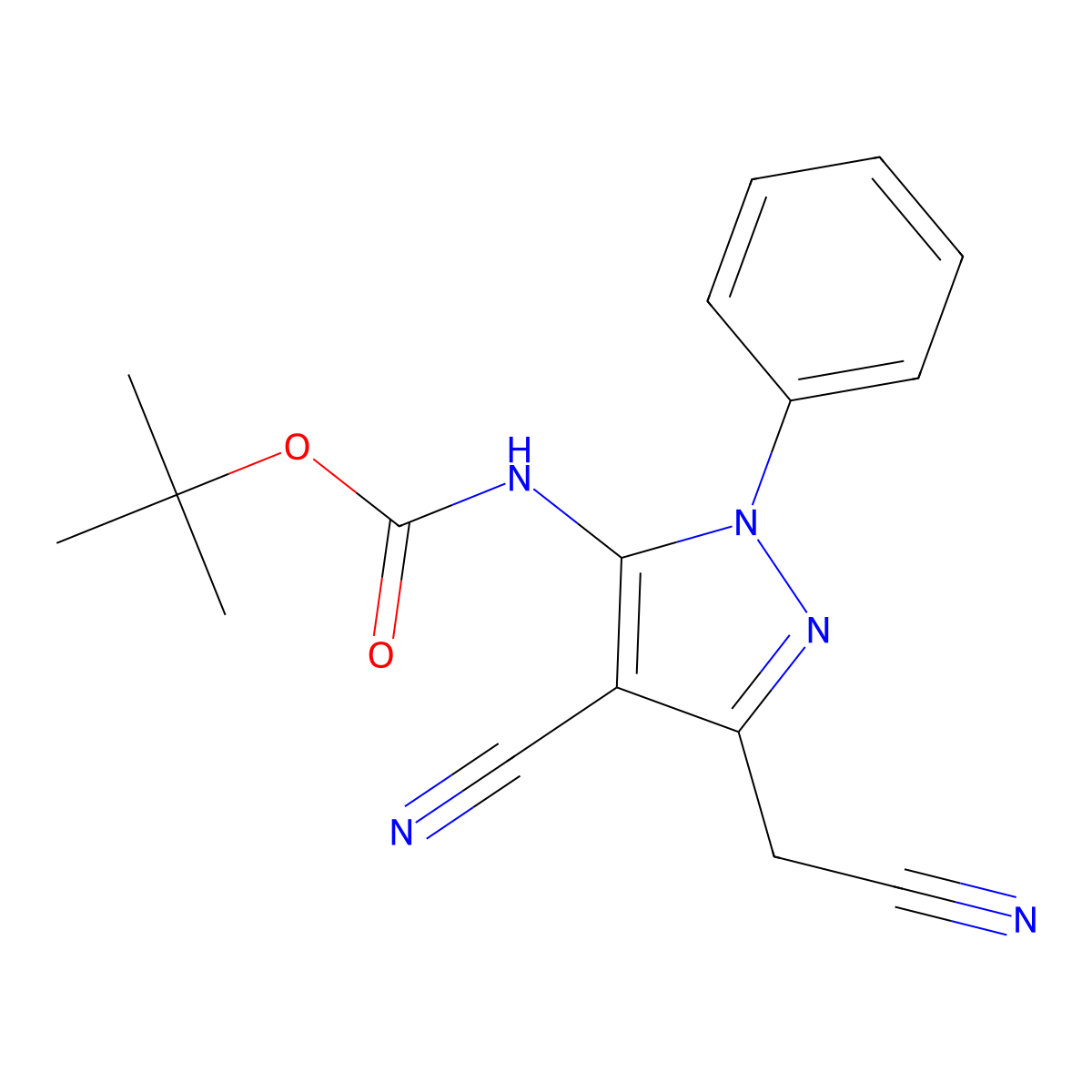 tert-butyl N-[4-cyano-3-(cyanomethyl)-1-phenyl-1H-pyrazol-5-yl]carbamate molecular structure, CAS 2680696-23-3