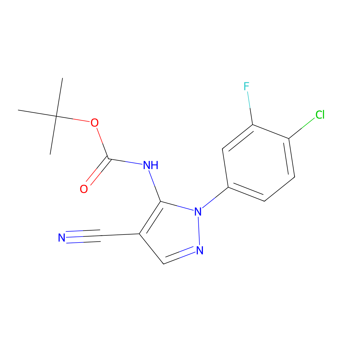 tert-butyl N-[1-(4-chloro-3-fluorophenyl)-4-cyano-1H-pyrazol-5-yl]carbamate molecular structure, CAS 2680696-42-6