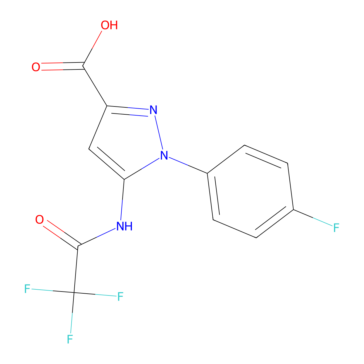 1-(4-fluorophenyl)-5-(2,2,2-trifluoroacetamido)-1H-pyrazole-3-carboxylic acid molecular structure, CAS 2680697-85-0