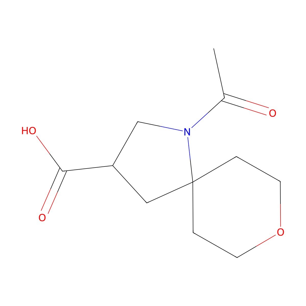 1-Acetyl-8-oxa-1-azaspiro[4.5]decane-3-carboxylic acid molecular structure, CAS 2680698-15-9