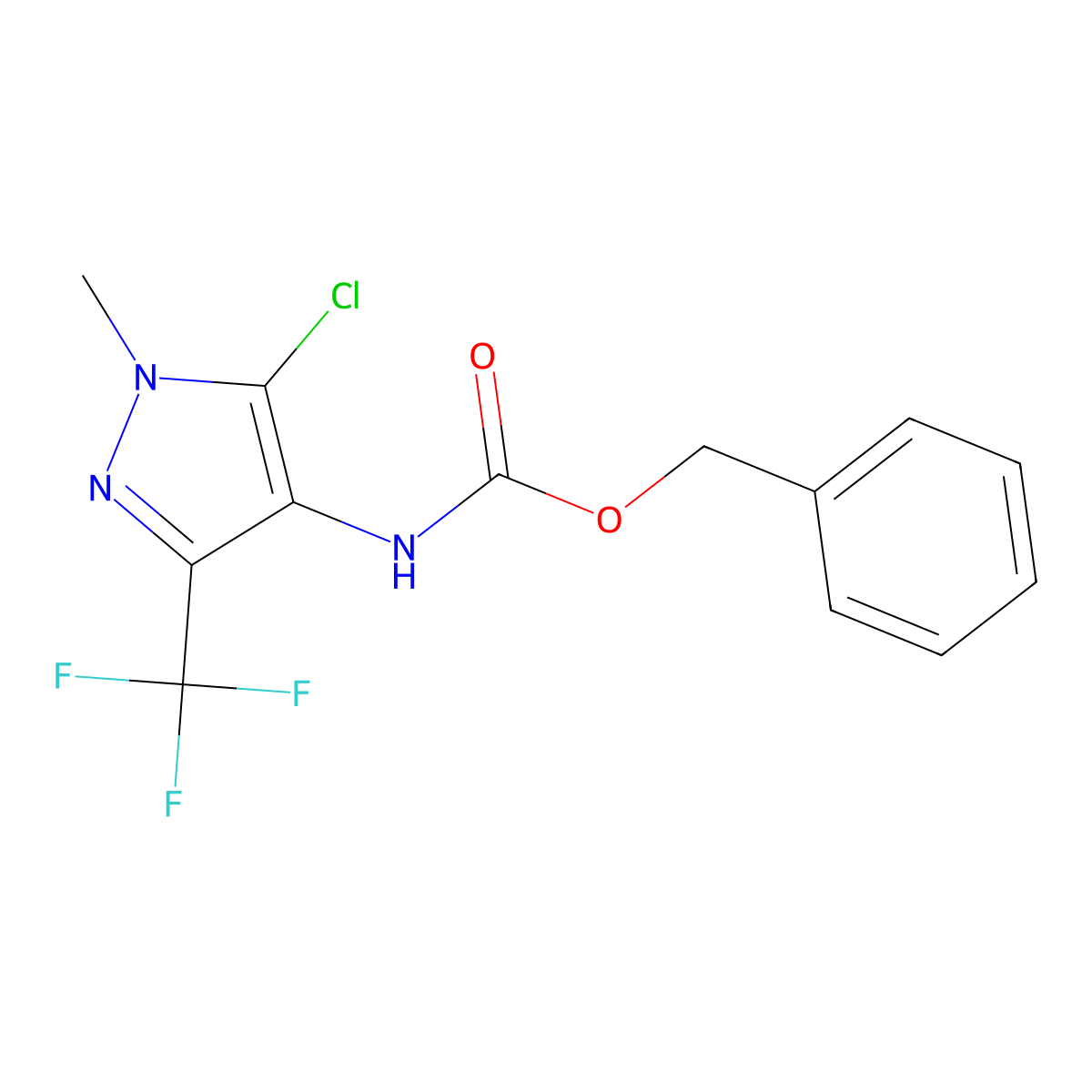 benzyl N-[5-chloro-1-methyl-3-(trifluoromethyl)-1H-pyrazol-4-yl]carbamate molecular structure, CAS 2680698-32-0