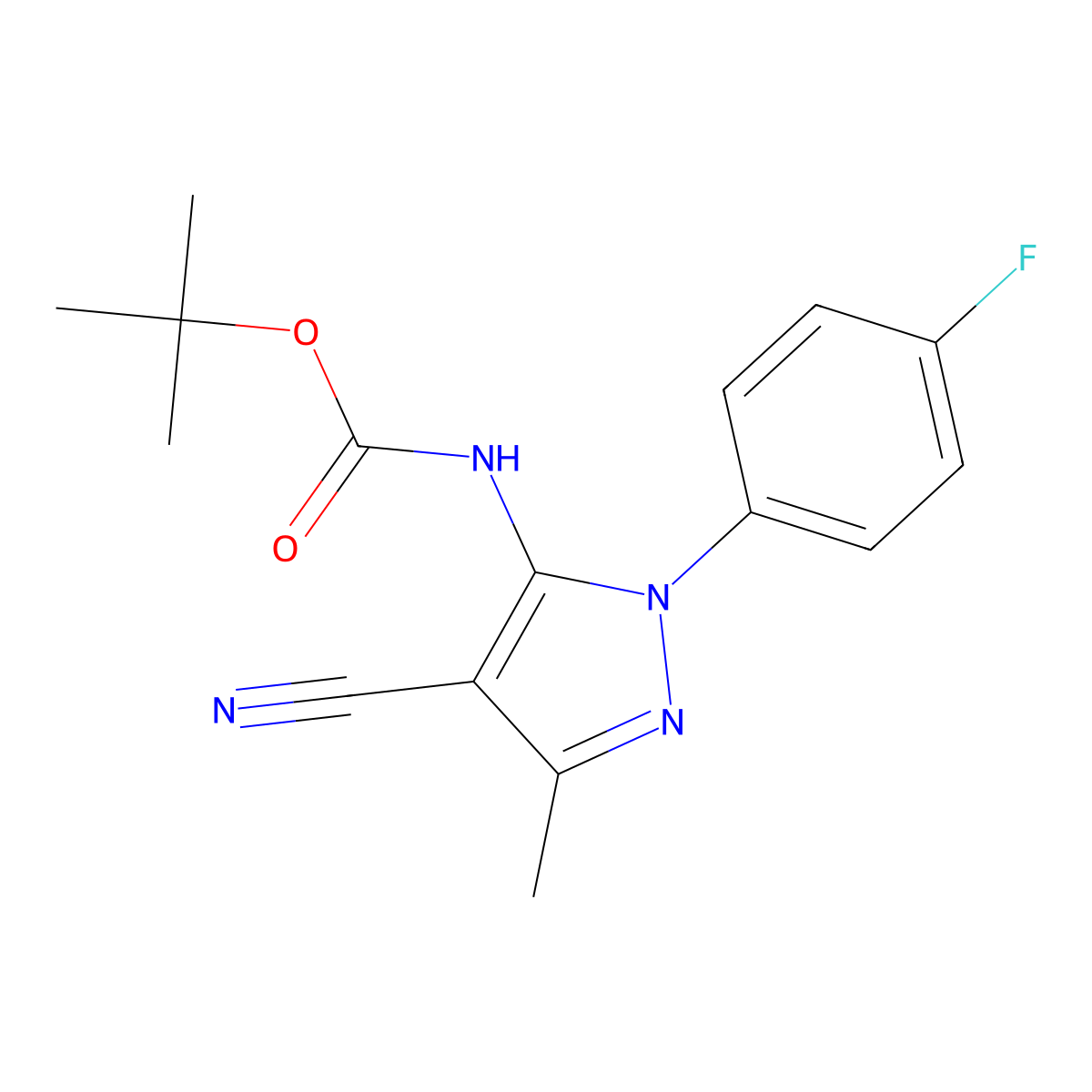 tert-butyl N-[4-cyano-1-(4-fluorophenyl)-3-methyl-1H-pyrazol-5-yl]carbamate molecular structure, CAS 2680699-91-4