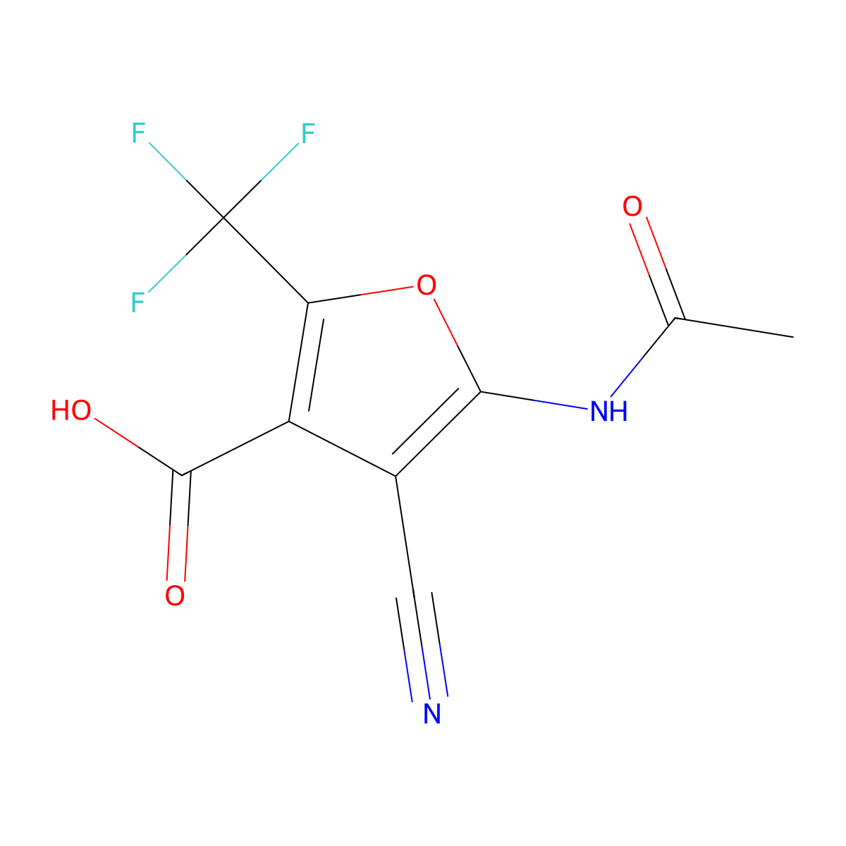 4-Cyano-5-acetamido-2-(trifluoromethyl)furan-3-carboxylic acid molecular structure, CAS 2680700-45-0