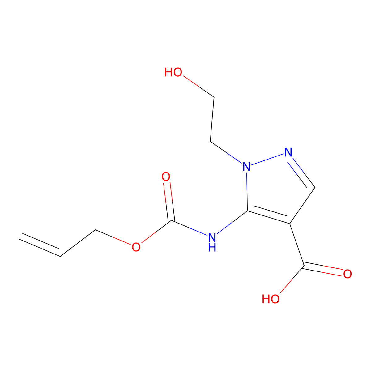 1-(2-hydroxyethyl)-5-{[(prop-2-en-1-yloxy)carbonyl]amino}-1H-pyrazole-4-carboxylic acid molecular structure, CAS 2680701-23-7