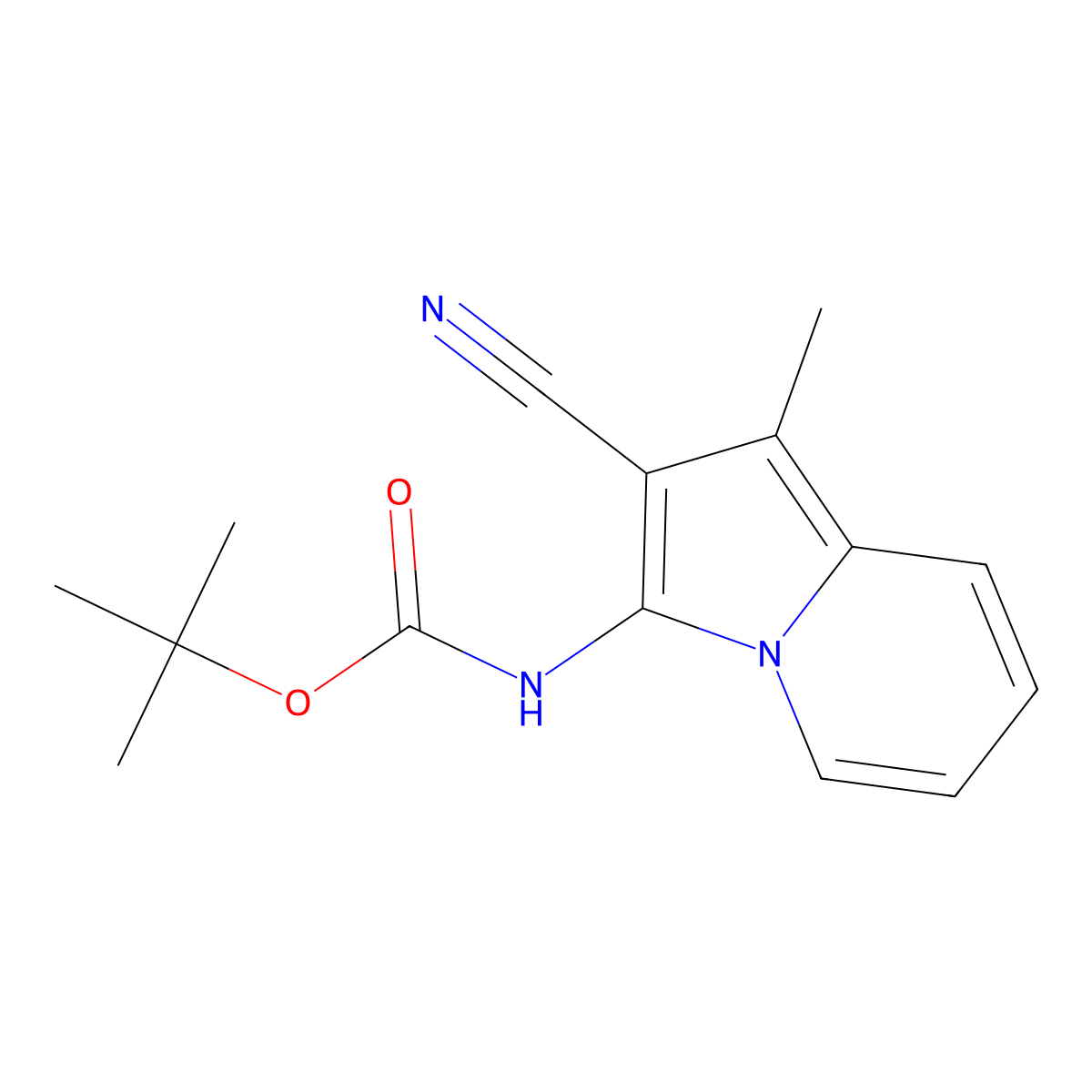 tert-butyl N-(2-cyano-1-methylindolizin-3-yl)carbamate molecular structure, CAS 2680701-41-9