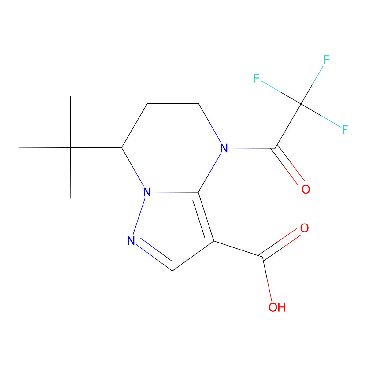 7-tert-butyl-4-(2,2,2-trifluoroacetyl)-4H,5H,6H,7H-pyrazolo[1,5-a]pyrimidine-3-carboxylic acid molecular structure, CAS 2680702-38-7