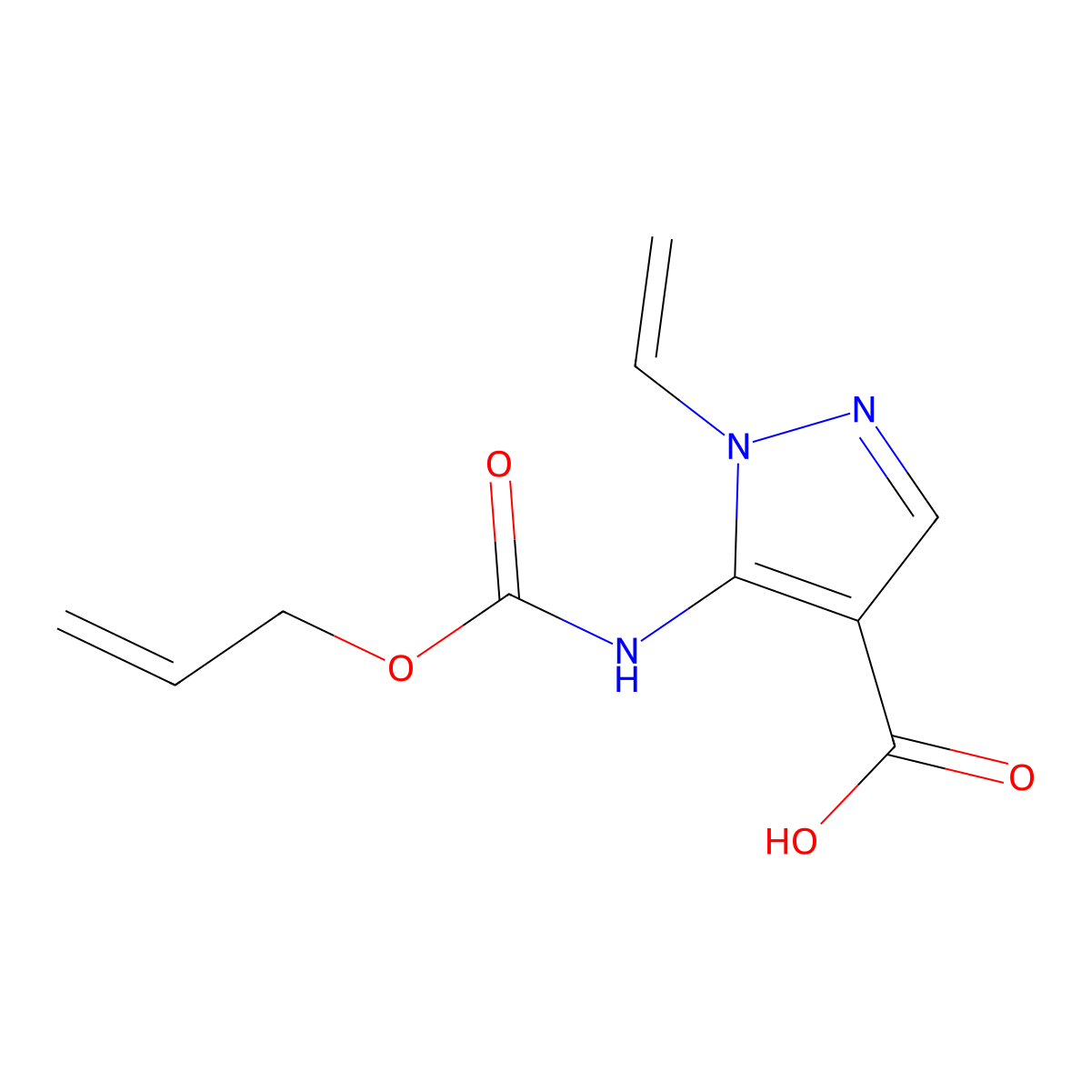 1-ethenyl-5-{[(prop-2-en-1-yloxy)carbonyl]amino}-1H-pyrazole-4-carboxylic acid molecular structure, CAS 2680703-60-8