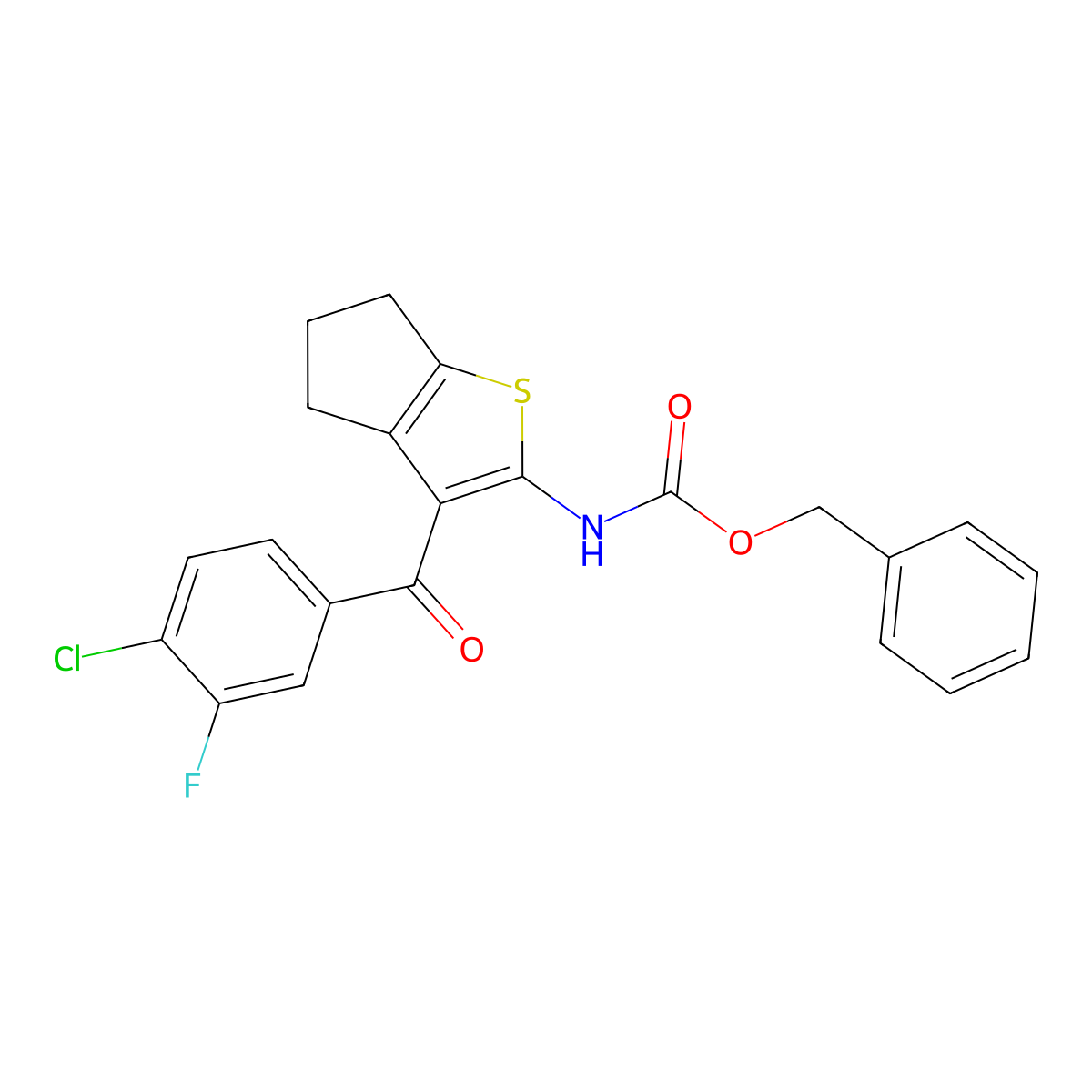 benzyl N-[3-(4-chloro-3-fluorobenzoyl)-4H,5H,6H-cyclopenta[b]thiophen-2-yl]carbamate molecular structure, CAS 2680704-55-4