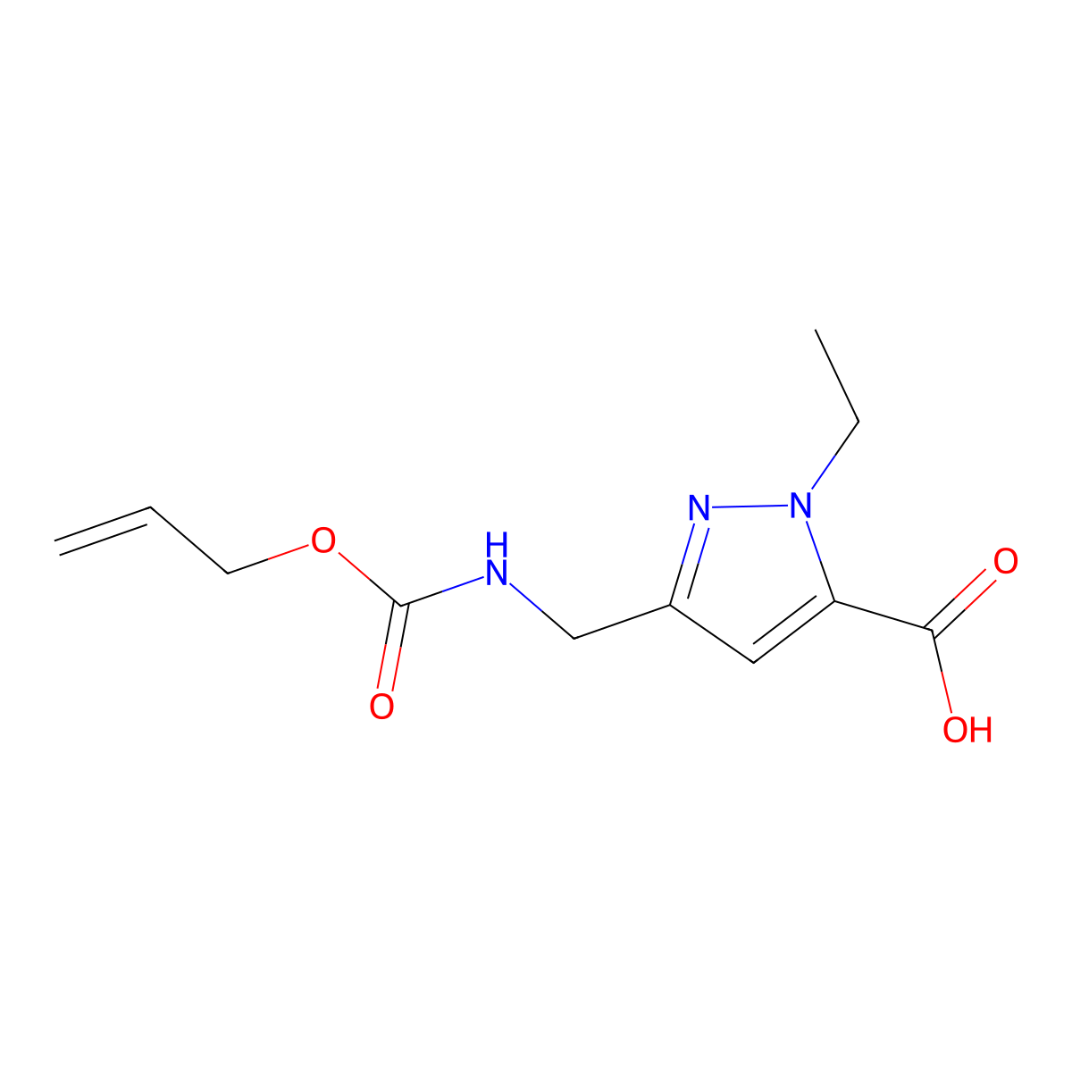 1-ethyl-3-({[(prop-2-en-1-yloxy)carbonyl]amino}methyl)-1H-pyrazole-5-carboxylic acid molecular structure, CAS 2680706-19-6
