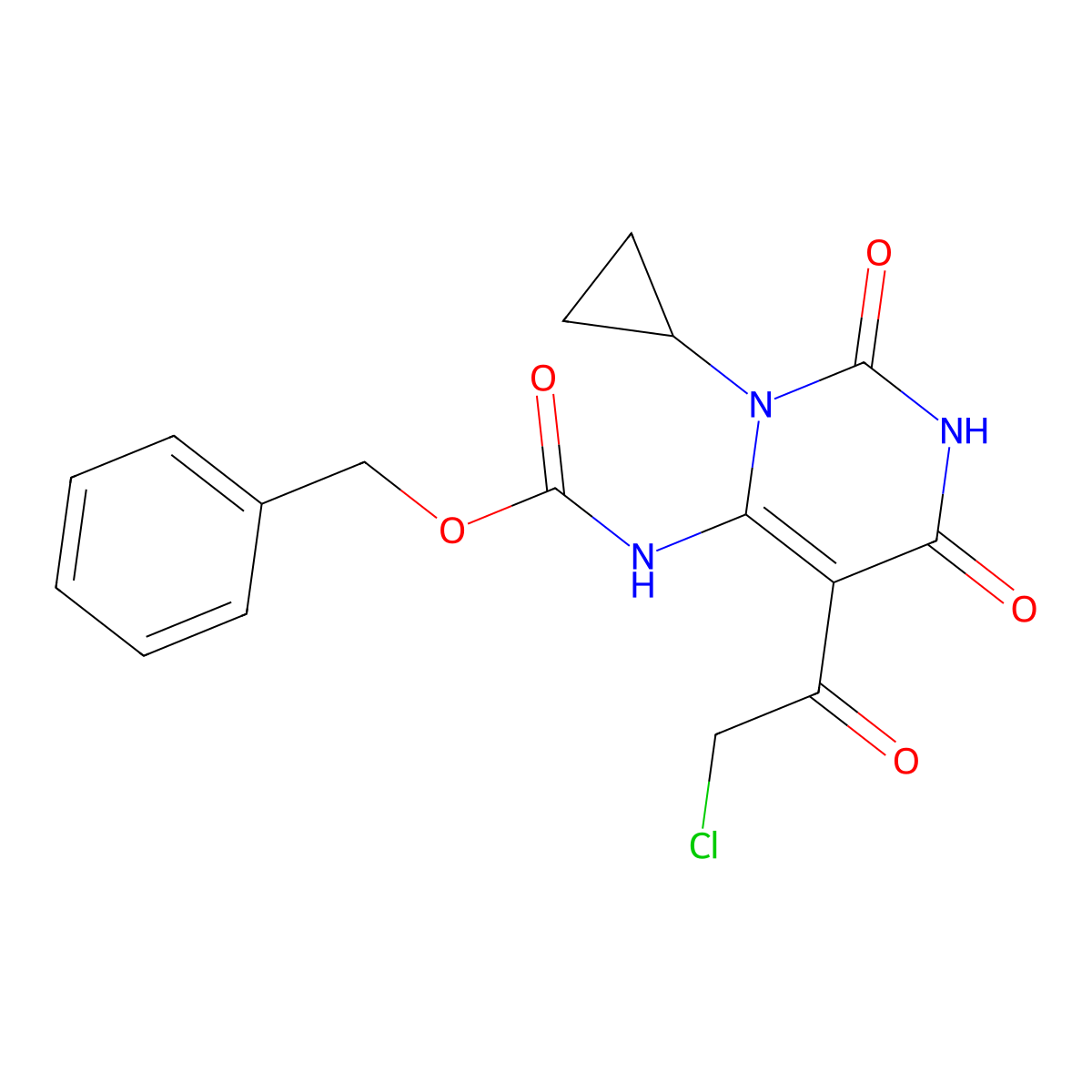 benzyl N-[5-(2-chloroacetyl)-3-cyclopropyl-2,6-dioxo-1,2,3,6-tetrahydropyrimidin-4-yl]carbamate molecular structure, CAS 2680706-75-4