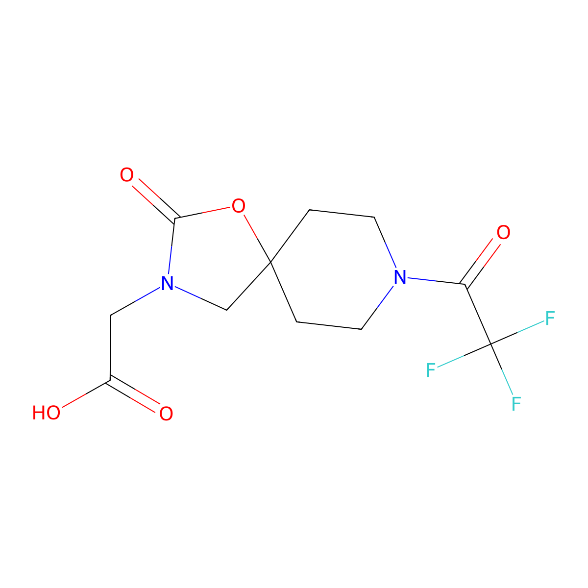 2-[2-Oxo-8-(2,2,2-trifluoroacetyl)-1-oxa-3,8-diazaspiro[4.5]decan-3-yl]acetic acid molecular structure, CAS 2680707-55-3