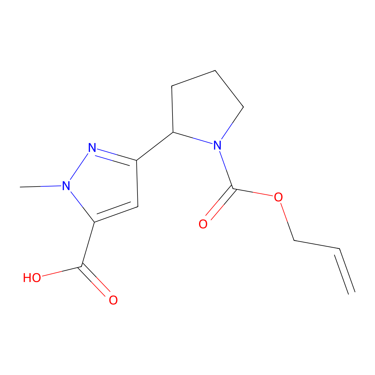 1-methyl-3-{1-[(prop-2-en-1-yloxy)carbonyl]pyrrolidin-2-yl}-1H-pyrazole-5-carboxylic acid molecular structure, CAS 2680708-98-7