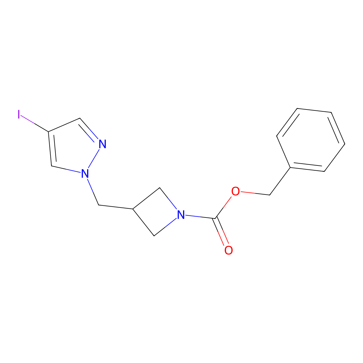 benzyl 3-[(4-iodo-1H-pyrazol-1-yl)methyl]azetidine-1-carboxylate molecular structure, CAS 2680709-37-7