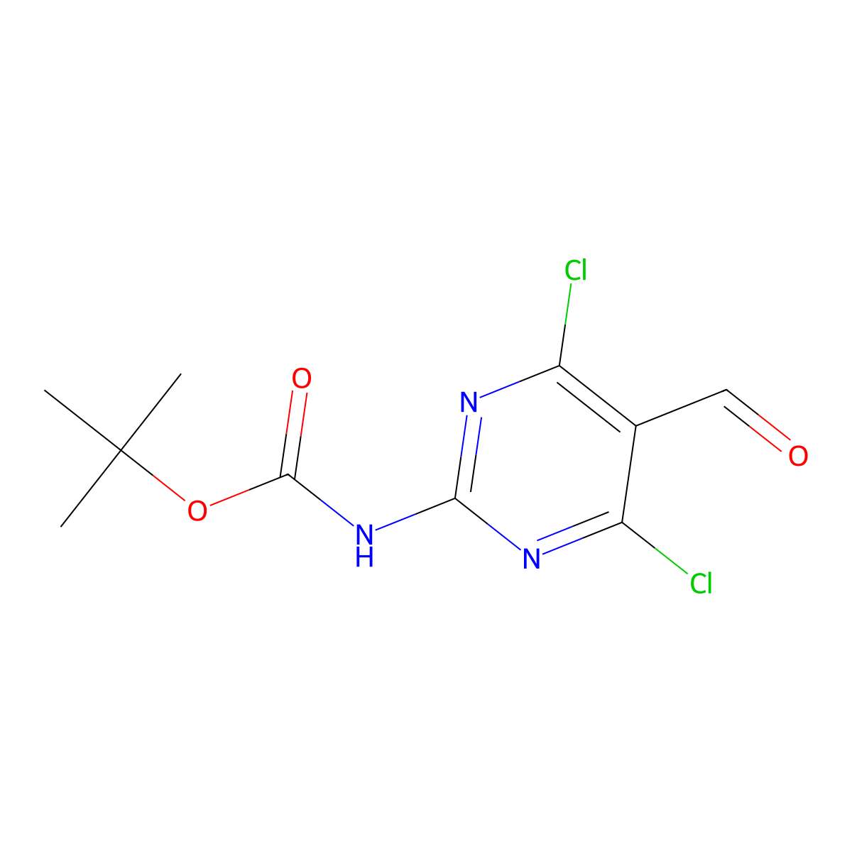 tert-butyl N-(4,6-dichloro-5-formylpyrimidin-2-yl)carbamate molecular structure, CAS 2680709-84-4