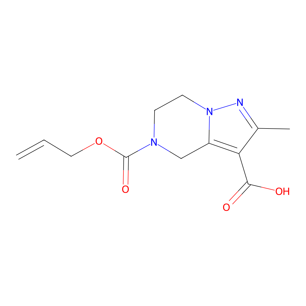 2-methyl-5-[(prop-2-en-1-yloxy)carbonyl]-4H,5H,6H,7H-pyrazolo[1,5-a]pyrazine-3-carboxylic acid molecular structure, CAS 2680710-12-5