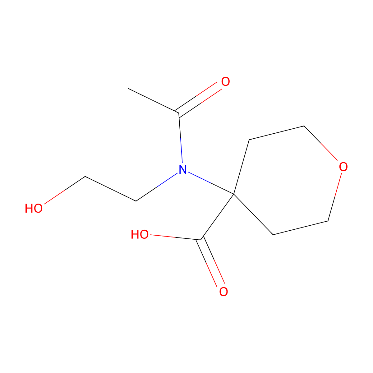 4-[N-(2-hydroxyethyl)acetamido]oxane-4-carboxylic acid molecular structure, CAS 2680710-30-7