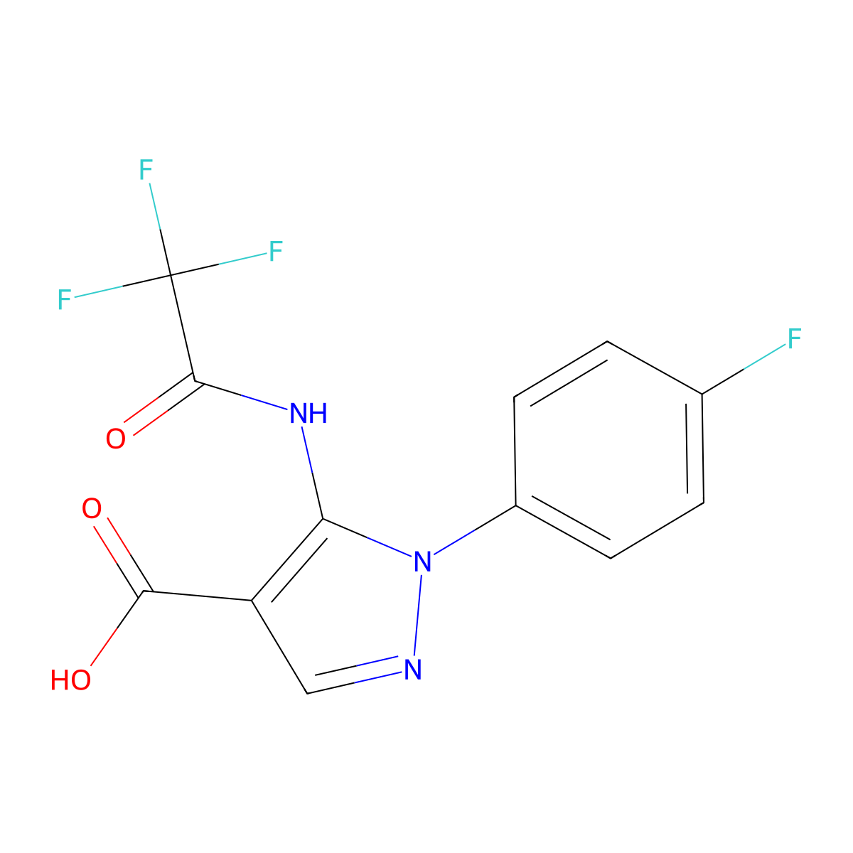 1-(4-fluorophenyl)-5-(2,2,2-trifluoroacetamido)-1H-pyrazole-4-carboxylic acid molecular structure, CAS 2680711-74-2