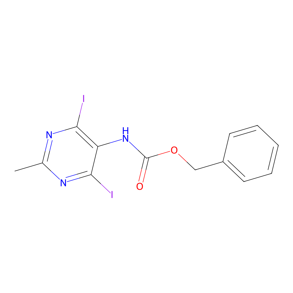 benzyl N-(4,6-diiodo-2-methylpyrimidin-5-yl)carbamate molecular structure, CAS 2680713-70-4