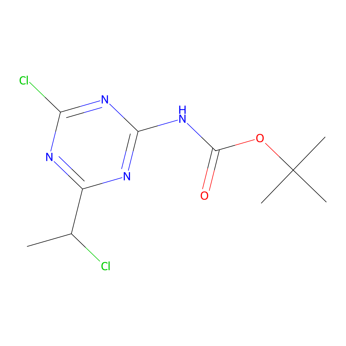 tert-butyl N-[4-chloro-6-(1-chloroethyl)-1,3,5-triazin-2-yl]carbamate molecular structure, CAS 2680714-13-8