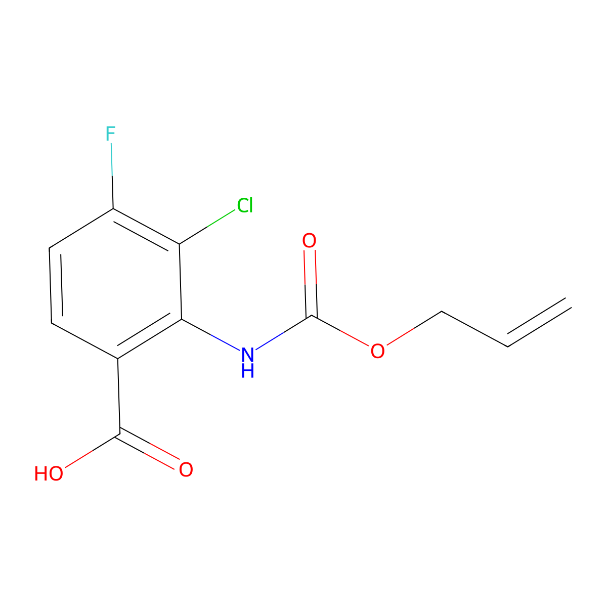 3-Chloro-4-fluoro-2-{[(prop-2-en-1-yloxy)carbonyl]amino}benzoic acid molecular structure, CAS 2680714-64-9