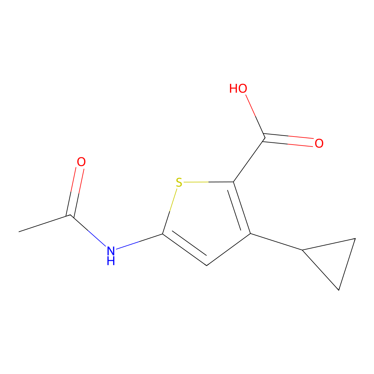 3-Cyclopropyl-5-acetamidothiophene-2-carboxylic acid molecular structure, CAS 2680715-59-5