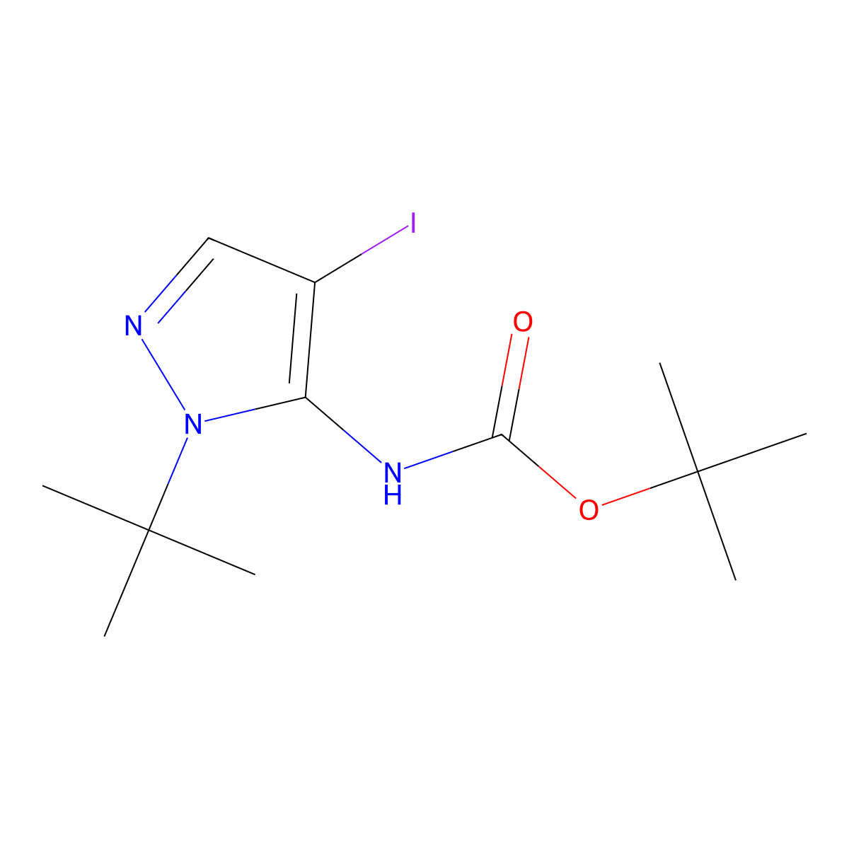 tert-butyl N-(1-tert-butyl-4-iodo-1H-pyrazol-5-yl)carbamate molecular structure, CAS 2680716-20-3