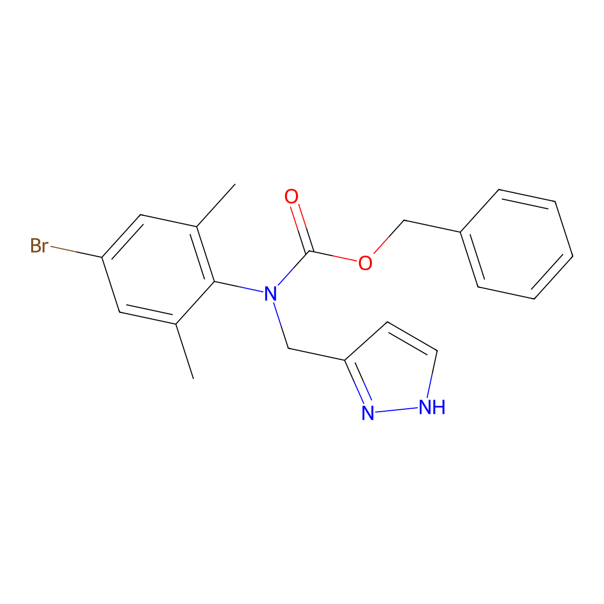 benzyl N-(4-bromo-2,6-dimethylphenyl)-N-[(1H-pyrazol-3-yl)methyl]carbamate molecular structure, CAS 2680716-65-6