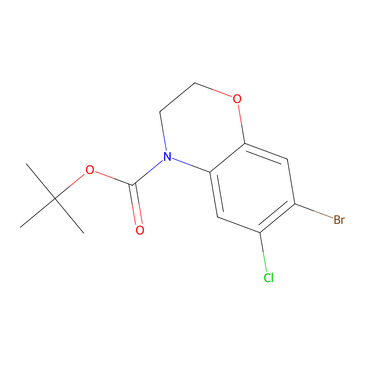 tert-butyl 7-bromo-6-chloro-3,4-dihydro-2H-1,4-benzoxazine-4-carboxylate molecular structure, CAS 2680716-73-6