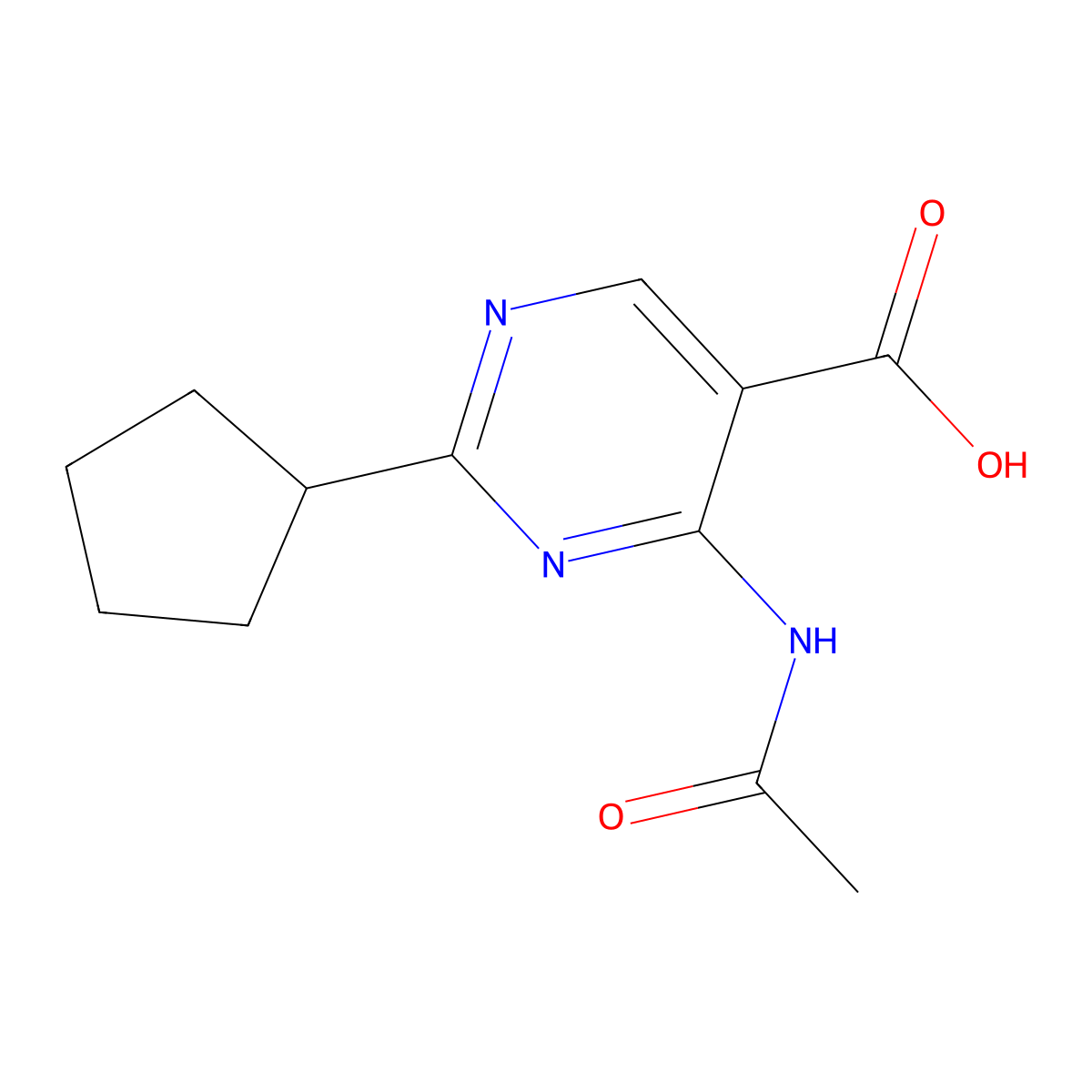 2-Cyclopentyl-4-acetamidopyrimidine-5-carboxylic acid molecular structure, CAS 2680716-93-0