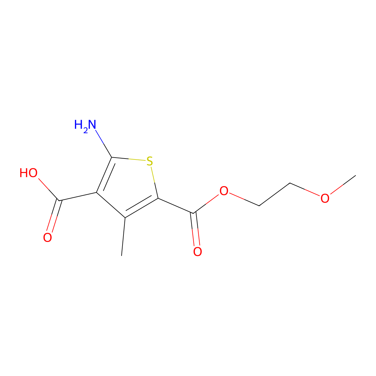 2-Amino-5-[(2-methoxyethoxy)carbonyl]-4-methylthiophene-3-carboxylic acid molecular structure, CAS 2680717-39-7