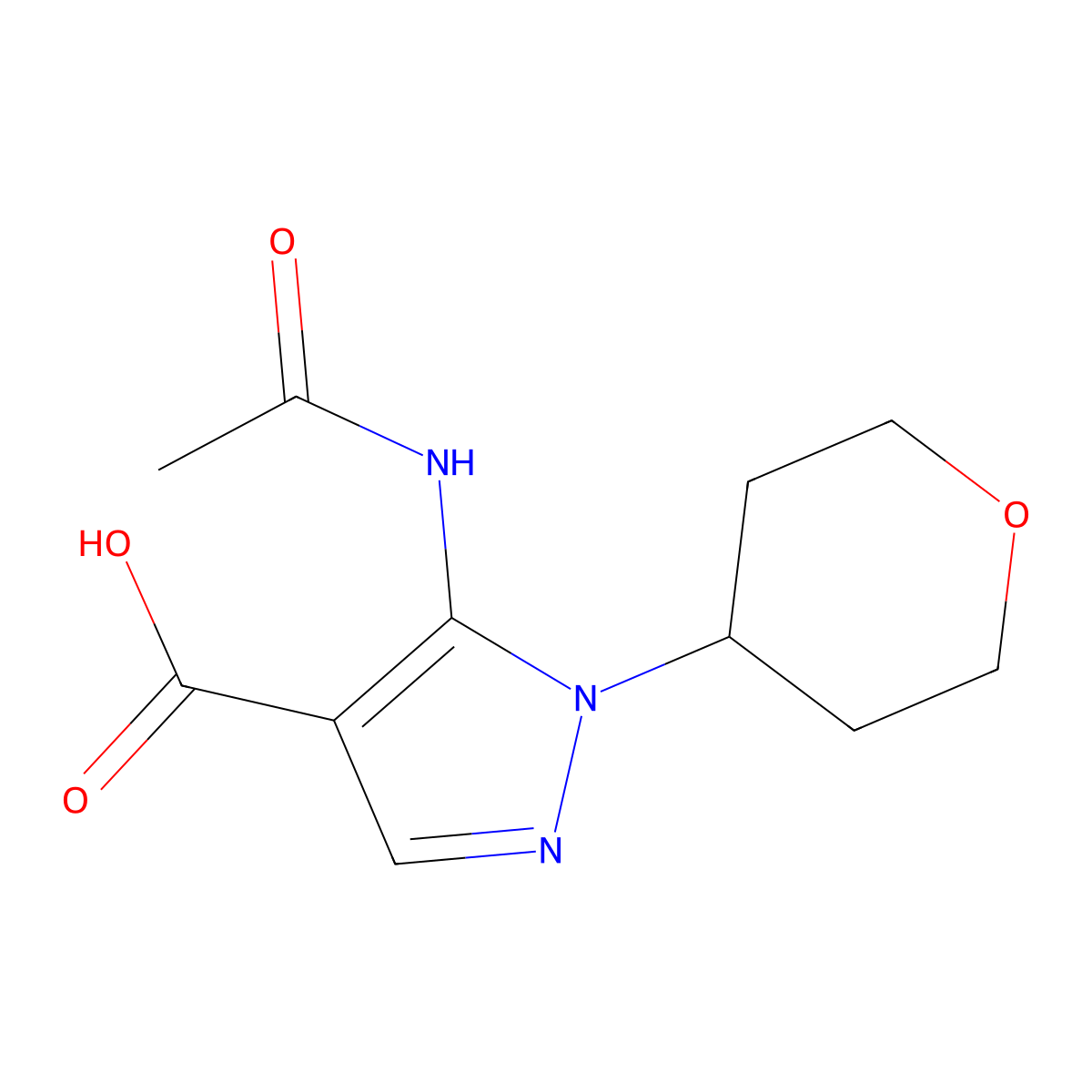 5-acetamido-1-(oxan-4-yl)-1H-pyrazole-4-carboxylic acid molecular structure, CAS 2680717-63-7