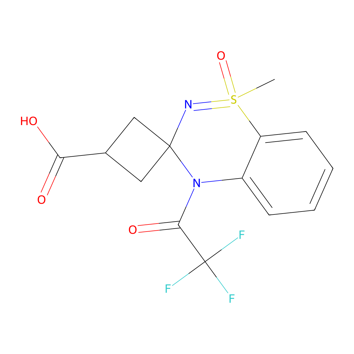 1-methyl-1-oxo-4-(2,2,2-trifluoroacetyl)-4H-spiro[1lambda6,2,4-benzothiadiazine-3,1'-cyclobutane]-3'-carboxylic acid molecular structure, CAS 2680719-50-8