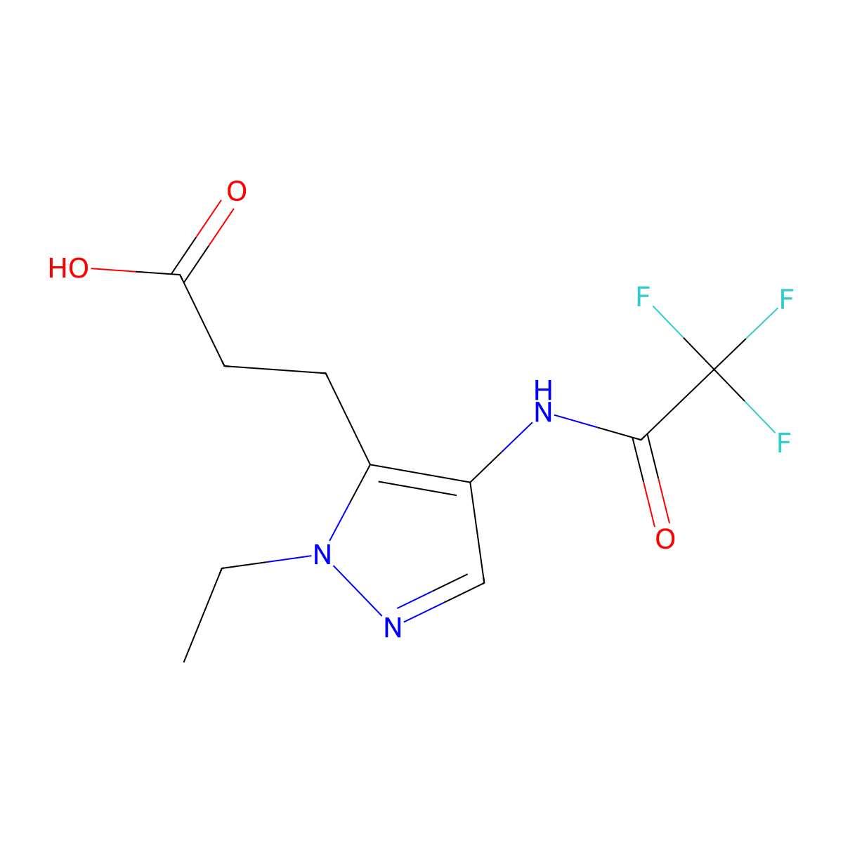 3-[1-ethyl-4-(2,2,2-trifluoroacetamido)-1H-pyrazol-5-yl]propanoic acid molecular structure, CAS 2680719-67-7