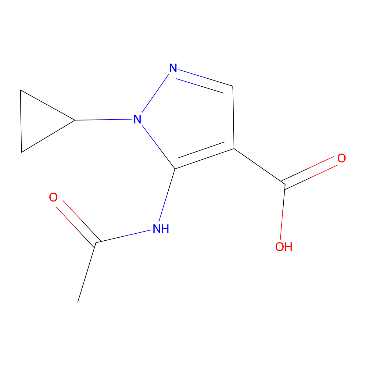 1-cyclopropyl-5-acetamido-1H-pyrazole-4-carboxylic acid molecular structure, CAS 2680720-09-4