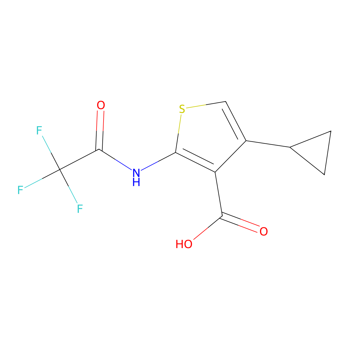 4-Cyclopropyl-2-(2,2,2-trifluoroacetamido)thiophene-3-carboxylic acid molecular structure, CAS 2680721-67-7