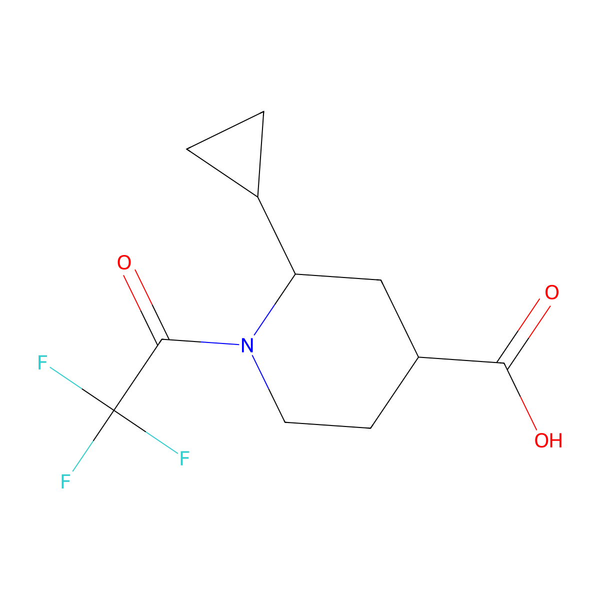 2-Cyclopropyl-1-(2,2,2-trifluoroacetyl)piperidine-4-carboxylic acid molecular structure, CAS 2680721-95-1