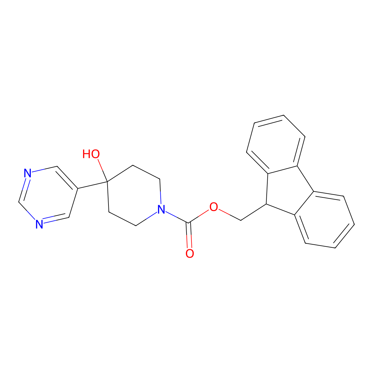 (9H-fluoren-9-yl)methyl 4-hydroxy-4-(pyrimidin-5-yl)piperidine-1-carboxylate molecular structure, CAS 2680722-19-2