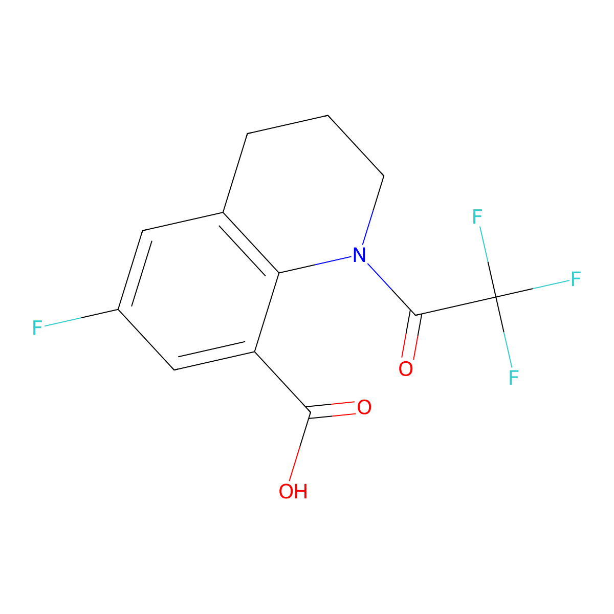 6-Fluoro-1-(2,2,2-trifluoroacetyl)-1,2,3,4-tetrahydroquinoline-8-carboxylic acid molecular structure, CAS 2680723-51-5