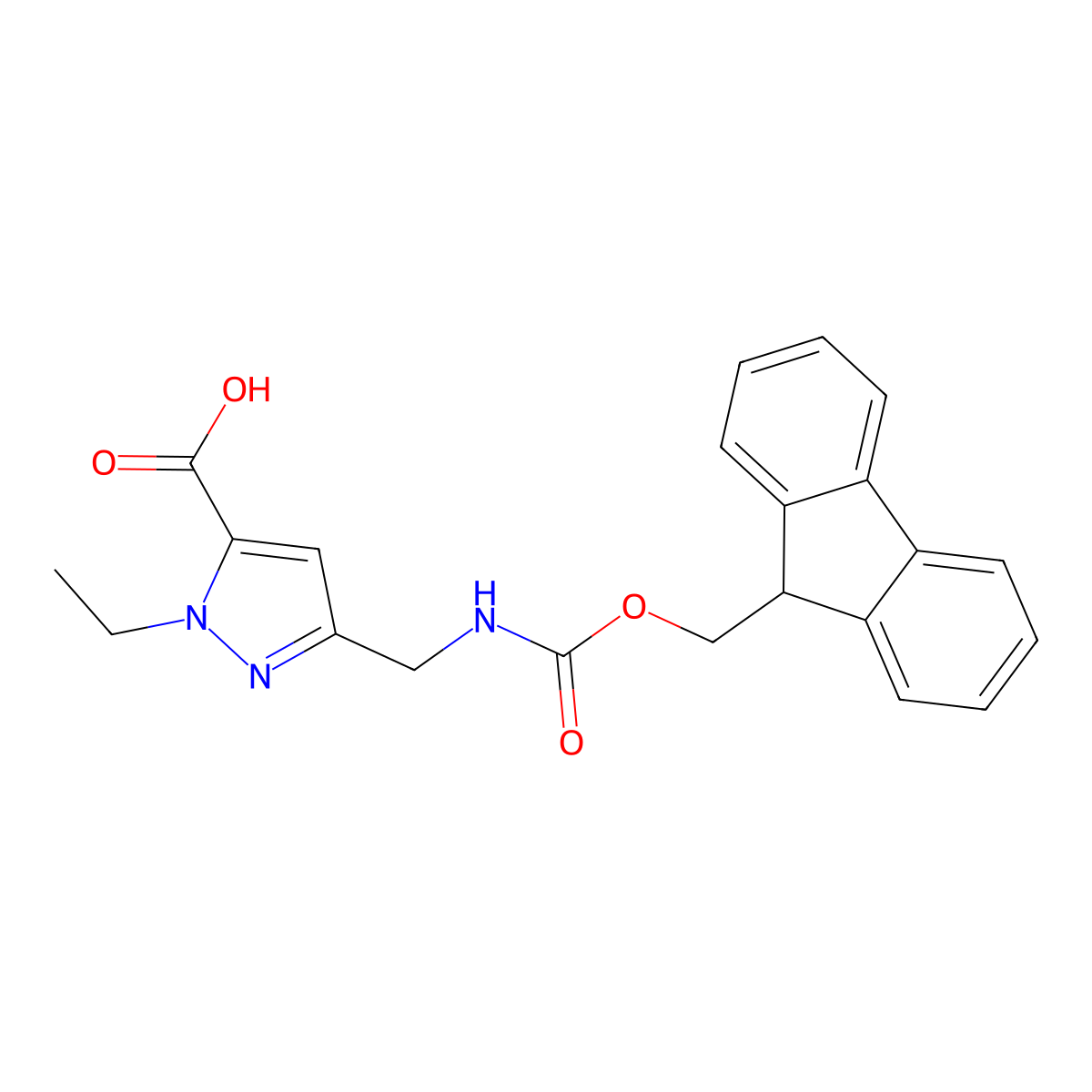1-ethyl-3-[({[(9H-fluoren-9-yl)methoxy]carbonyl}amino)methyl]-1H-pyrazole-5-carboxylic acid molecular structure, CAS 2680724-34-7