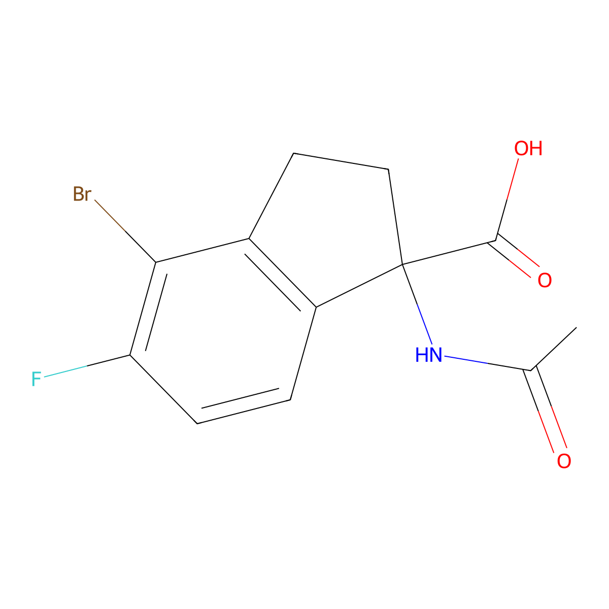 4-bromo-1-acetamido-5-fluoro-2,3-dihydro-1H-indene-1-carboxylic acid molecular structure, CAS 2680724-38-1