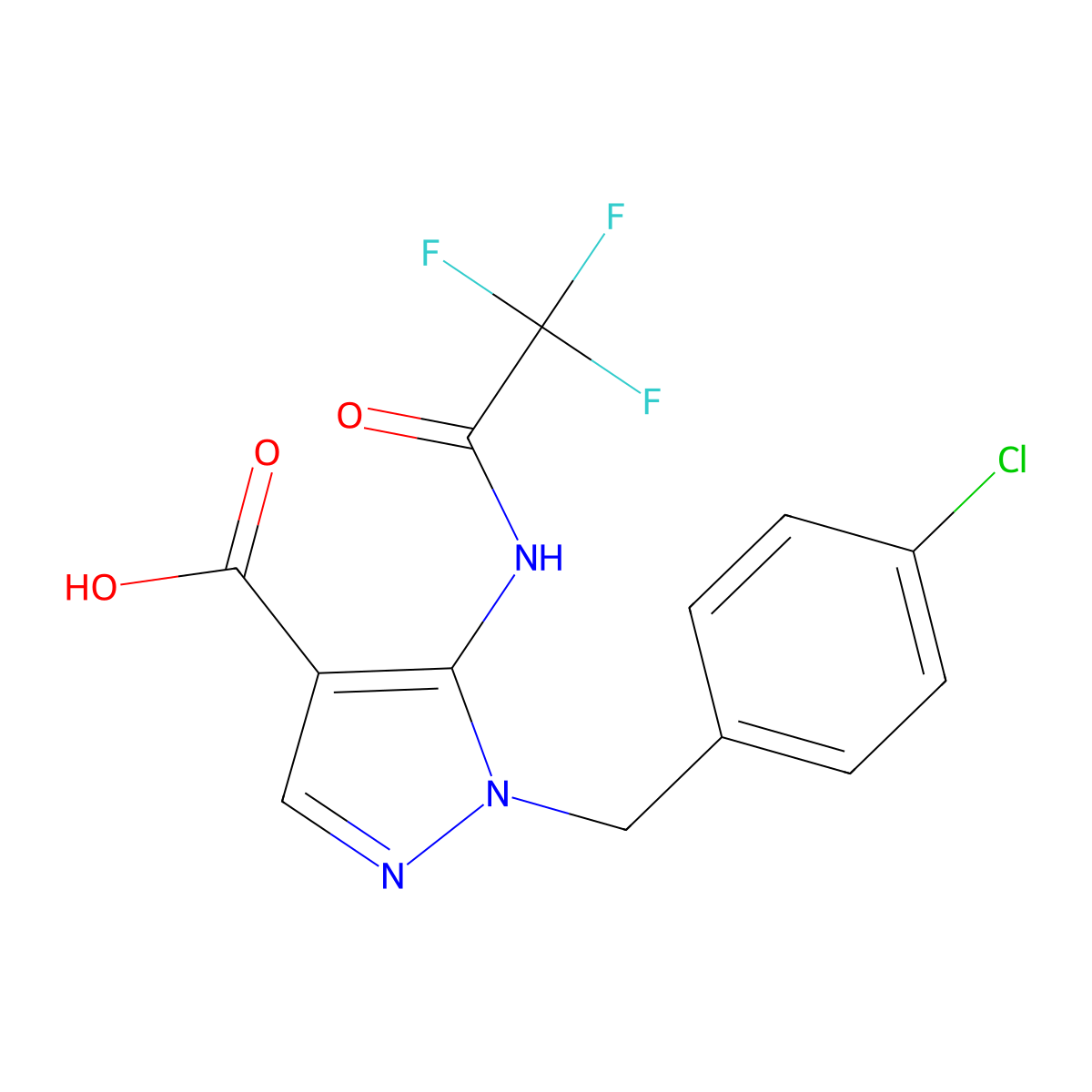 1-[(4-chlorophenyl)methyl]-5-(2,2,2-trifluoroacetamido)-1H-pyrazole-4-carboxylic acid molecular structure, CAS 2680724-78-9