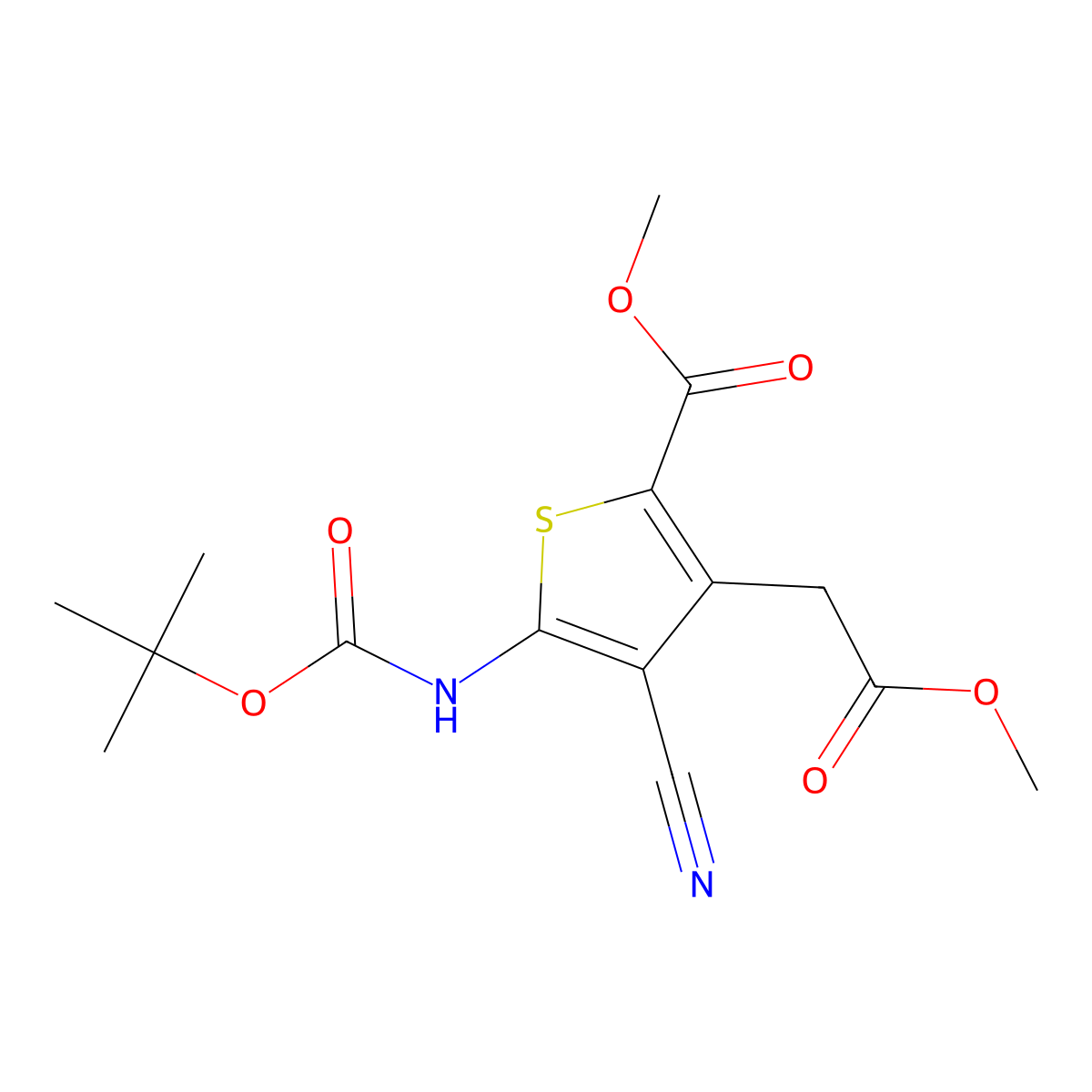 Methyl 5-{[(tert-butoxy)carbonyl]amino}-4-cyano-3-(2-methoxy-2-oxoethyl)thiophene-2-carboxylate molecular structure, CAS 2680726-32-1