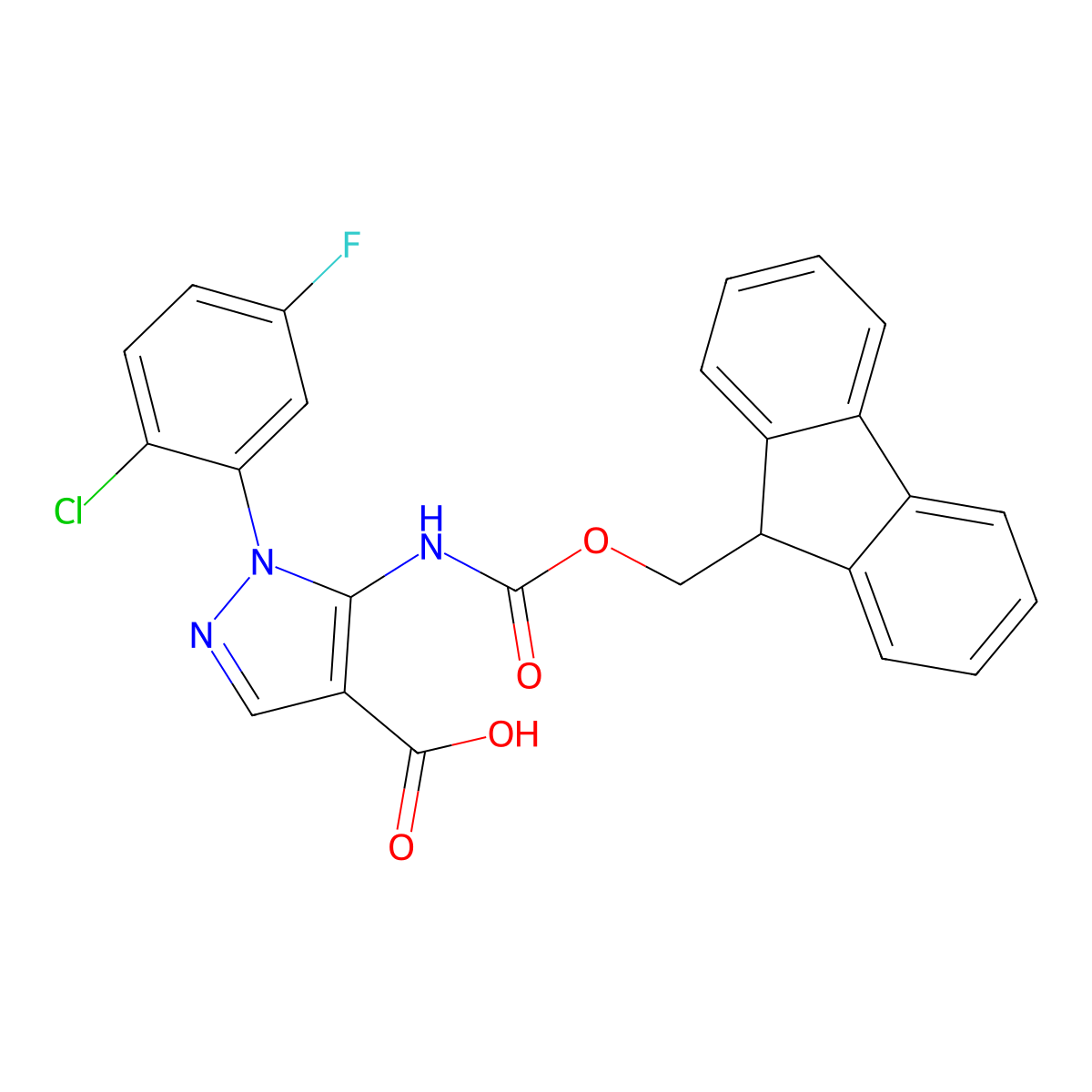 1-(2-chloro-5-fluorophenyl)-5-({[(9H-fluoren-9-yl)methoxy]carbonyl}amino)-1H-pyrazole-4-carboxylic acid molecular structure, CAS 2680726-33-2