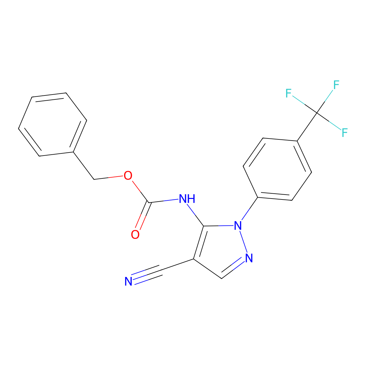 benzyl N-{4-cyano-1-[4-(trifluoromethyl)phenyl]-1H-pyrazol-5-yl}carbamate molecular structure, CAS 2680727-00-6
