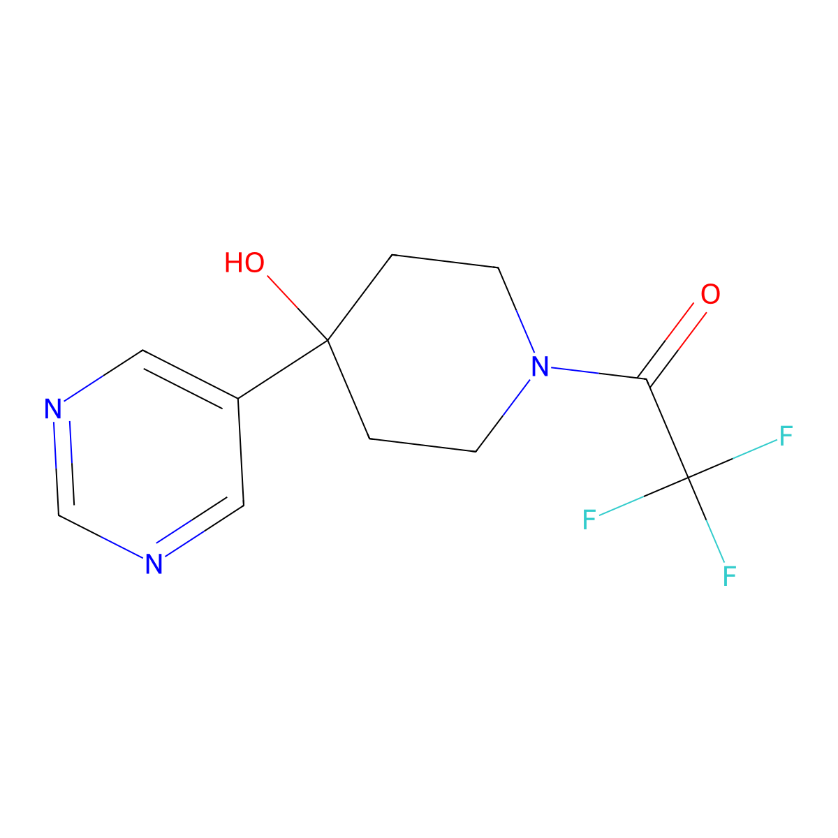 2,2,2-Trifluoro-1-[4-hydroxy-4-(pyrimidin-5-yl)piperidin-1-yl]ethan-1-one molecular structure, CAS 2680727-02-8